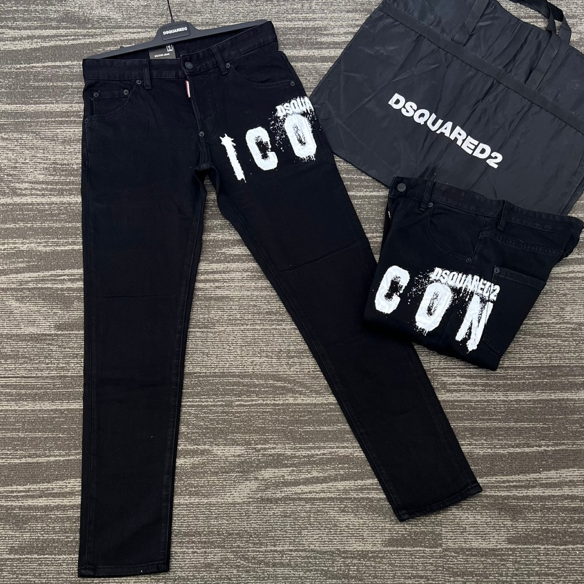 Quần Jean Bò Nam DSQ Đen Trơn In Chữ ICON Trắng Đùi Dáng Simfit Đơn Giản Đi Học Boy Phố.