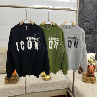  Áo len sweater nam nữ Dsq2 wash rách tua viền ngực in chữ đen icon chảy sơn 