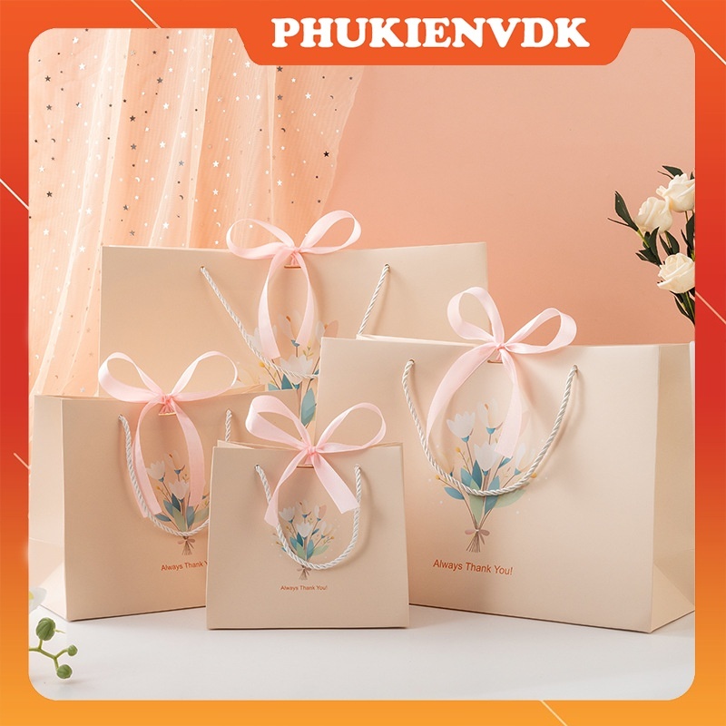 Túi Quà Tặng Túi Giấy Cứng Có Ruy Băng Hình Bó Hoa Yêu Thương Màu Hồng Phấn W19