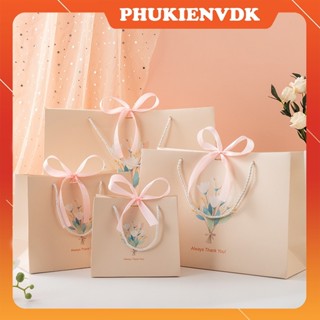  Túi Quà Tặng Túi Giấy Cứng Có Ruy Băng Hình Bó Hoa Yêu Thương Màu Hồng Phấn W19 