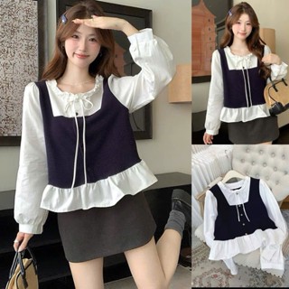  Áo sơ mi nữ A.780 Áo sơ mi cổ tròn bèo buộc nơ tay dài phối nỉ len thỏ cúc dọc dễ phối đồ - Shop Chấm Bi 