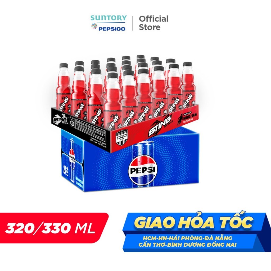 Combo 1 Thùng 24 Chai Sting Dâu và 1 Thùng 24 Lon Pepsi (330ml/chai và 320ml/lon)