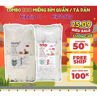  Combo 2 bịch  100 miếng   bỉm trần bo mông quần Hipbaby Care M L XL XXL XXXL siêu thấm chống hăm 