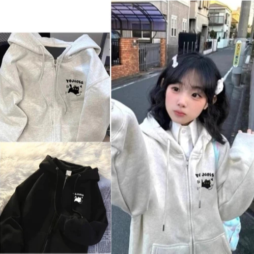 Áo khoác hoodie zip nữ có khóa kéo , in hình mèo TOJOJIG cute , áo nỉ dáng rộng Ulzzang hàn ( có túi trong) quốc