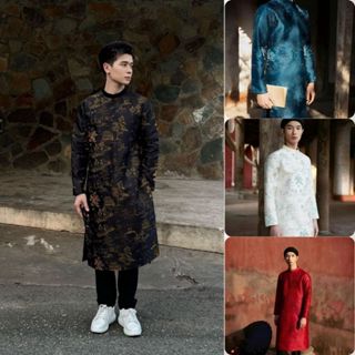 Áo Dài Nam Cách Tân Mặc Tết Bê Tráp Boy Phố Dáng Ngắn Khóa Sau Tafeta Thêu N011