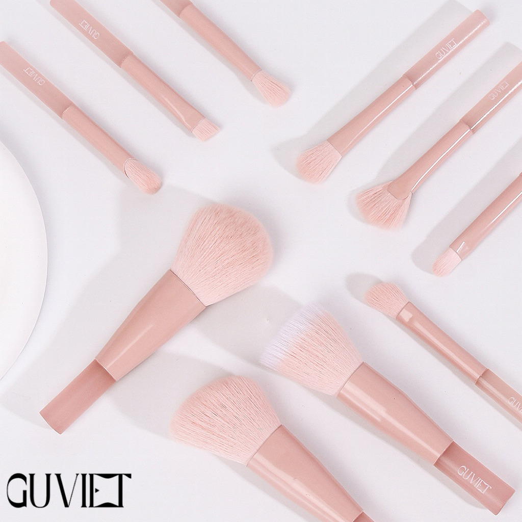 Bộ cọ trang điểm cá nhân GUVIET kích cỡ mini màu Hồng nude gồm 10 cọ kèm theo túi đựng | BigBuy360 - bigbuy360.vn