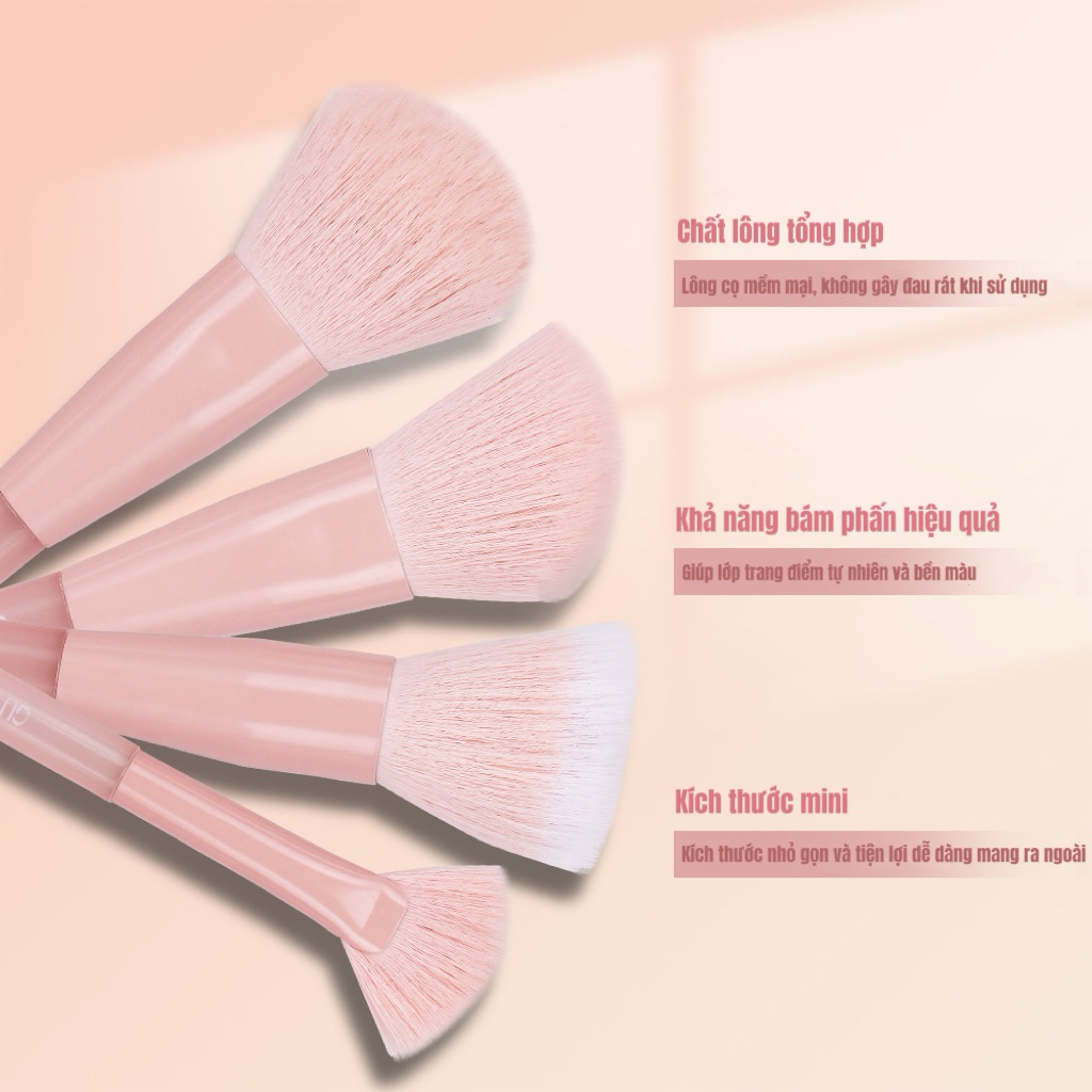 Bộ cọ trang điểm cá nhân GUVIET kích cỡ mini màu Hồng nude gồm 10 cọ kèm theo túi đựng | BigBuy360 - bigbuy360.vn