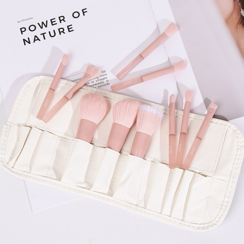 Bộ cọ trang điểm cá nhân GUVIET kích cỡ mini màu Hồng nude gồm 10 cọ kèm theo túi đựng | BigBuy360 - bigbuy360.vn