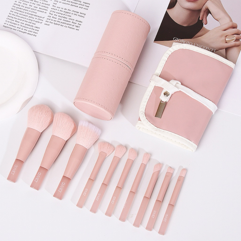 Bộ cọ trang điểm cá nhân GUVIET kích cỡ mini màu Hồng nude gồm 10 cọ kèm theo túi đựng | BigBuy360 - bigbuy360.vn
