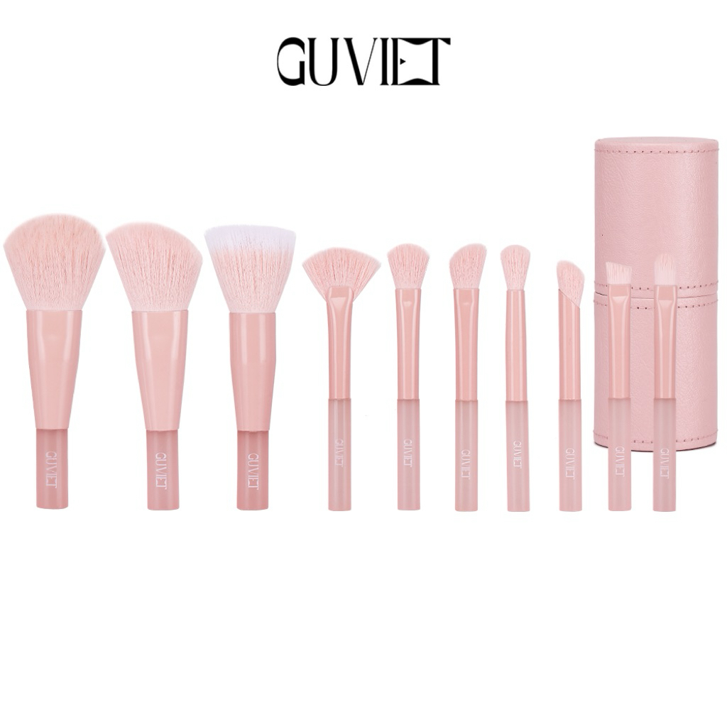 Bộ cọ trang điểm cá nhân GUVIET kích cỡ mini màu Hồng nude gồm 10 cọ kèm theo túi đựng | BigBuy360 - bigbuy360.vn