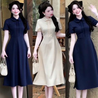  Mijustore M05 Váy liền thân dáng dài cổ sen phối cúc đầm kiểu nữ xếp ly ngực tiểu thư 