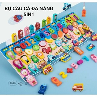 Đồ Chơi Thông Minh Bộ Bảng Gỗ Chữ Cái 5in1 6in1 7in1 Câu Cá Và Ghép Hình Học, Chữ Số, Chữ Cái, Động Vật, Trái Cây