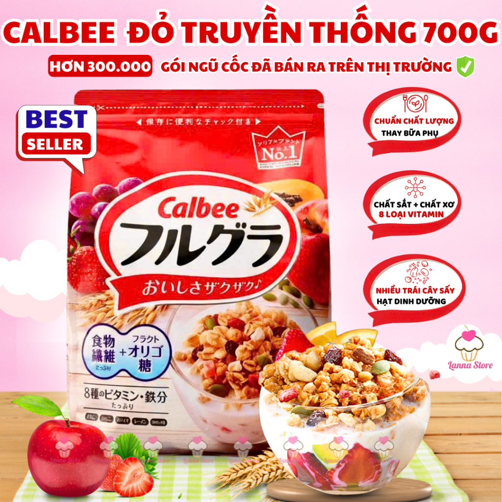 【LÔ MỚI NHẤT】Ngũ cốc Calbee Đỏ Nhật Bản Mix Sữa Chua Trái Cây Granola Ăn Sáng Eat Clean Gói 750gr