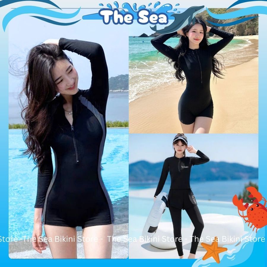 Đồ bơi nữ liền thân quần đùi bikini đi biển màu Đen phối xám khóa kéo tay dài và ngắn bikini kín đáo  The Sea 046 | BigBuy360 - bigbuy360.vn