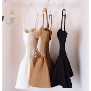  Đầm hai dây bản phối ren chất bố hàn dày dặn đầm đi tiệc phong cách tối giản - bố hàn 