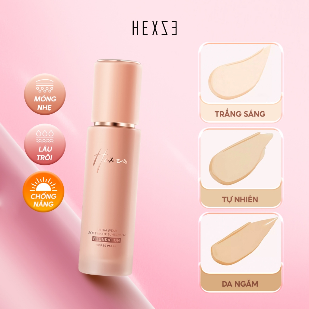 Kem nền lâu trôi HEXZE SPF39 PA+++ 30ml, kem nền mỏng nhẹ, che khuyết điểm giữ lớp trang điểm bền mà