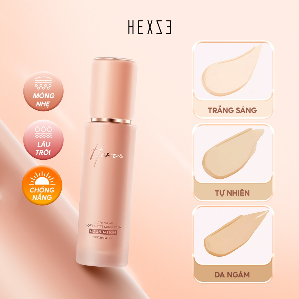 Kem nền lâu trôi HEXZE SPF39 PA+++ 30ml, lớp nền kháng nước mỏng nhẹ nâng tone tự nhiên