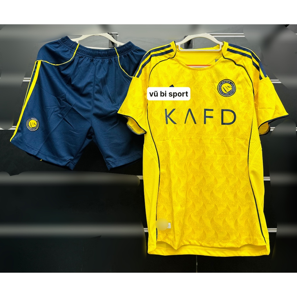 (Bản chuẩn) Set bộ quần áo thể thao bóng đá nam nữ clb Al nassr sân nhà áo vàng quần xanh than vải á