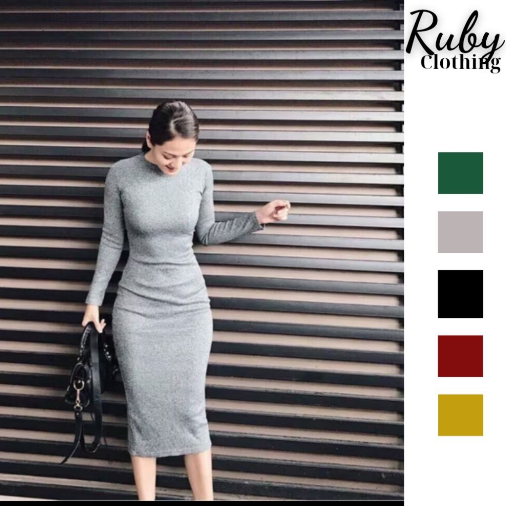 Đầm thun gân body tay dài, đầm thun gân dáng dài form chuẩn xẻ sau RUBY A60