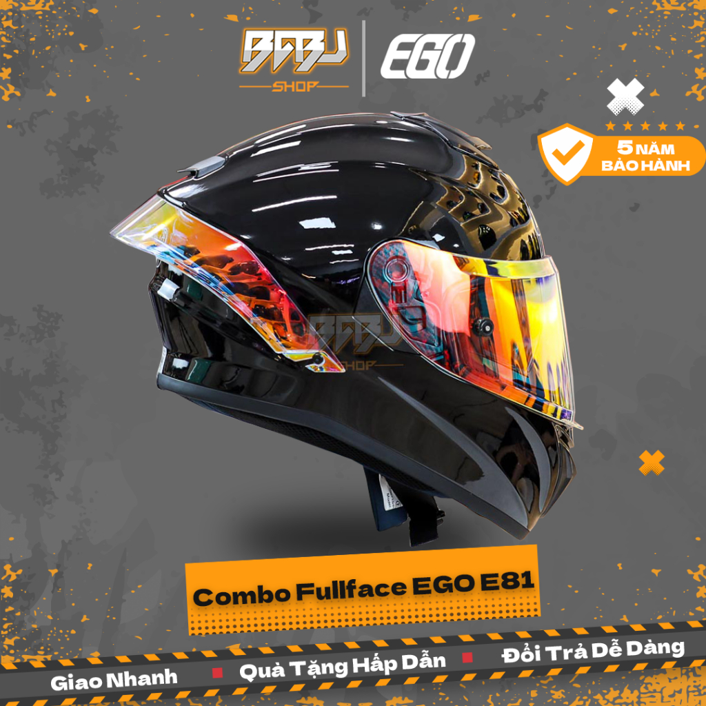 Combo Mũ EGO E81 Đen Bóng + Đuôi Gió AGV GP-RR + Kính Revo | Fullface 2 Kính Cá Tính