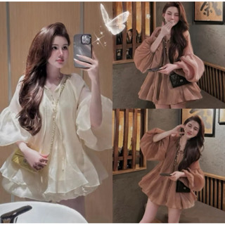   BÈO BÉO BIGSIZE   SET BABYDOLL TƠ ÁNH KIM 2 LỚP TAY BỒNG CÚC NGỌC MIX CHÂN VÁY BÍ FORM BIGSIZE 60-90KGV 
