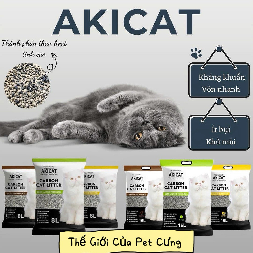 Cát vệ sinh cho mèo Akicat 8L-16L than hoạt tính khử mùi vón cục tốt
