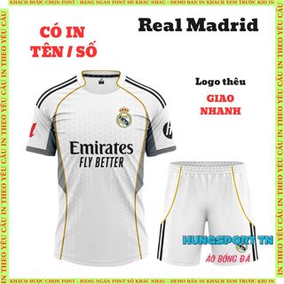 Nhận in tên số theo yêu cầu, quần áo bóng đá Real Madrid, in nhiệt không bong tróc, bền màu, sắc nét HUNGSPORT TN