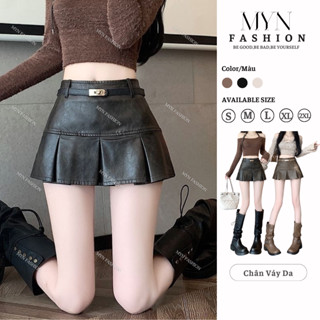 Chân Váy Da Xếp Ly Dáng Ngắn Sang Chảnh, Chân Váy Xếp Ly Chất Da Pu Kiểu Y2K Chất Da Mềm Mịn Hàng Da Loại 1
