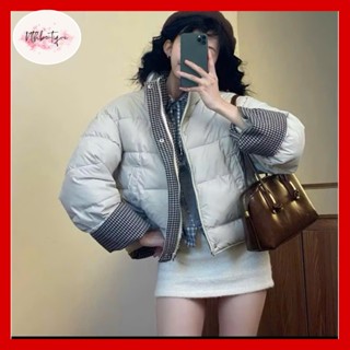  Áo phao nữ dáng ngắn hàn quốc Phối Kẻ Thời Trang Vải Da form rộng Áo khoác phao nữ mới 2025 