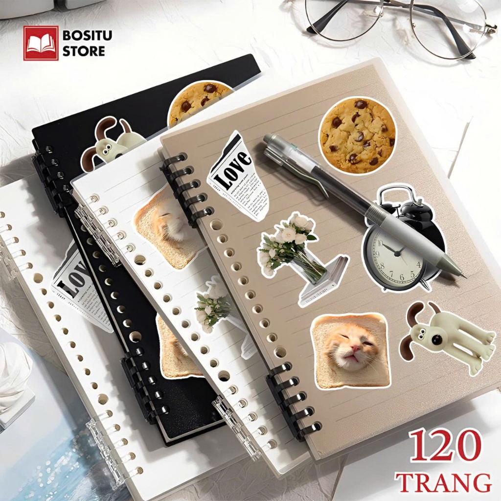 Sổ Còng A5/B5 120 Trang Bìa Trơn Tối Giản - TẶNG STICKER DIY - Sổ Tay Bullet Journal Còng Nhựa Nhẹ T