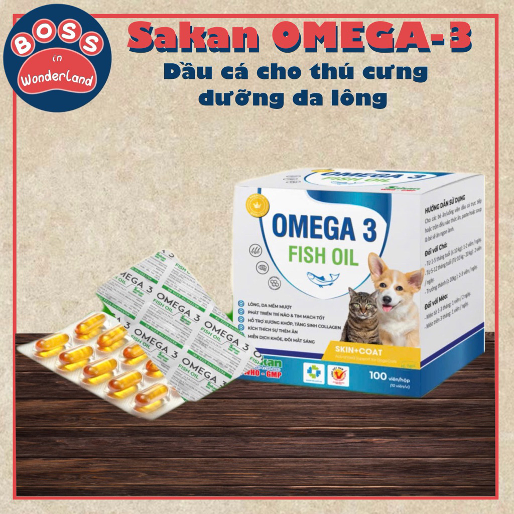 Dầu cá dưỡng lông OMEGA-3 SaKan cho chó mèo hộp 100 viên