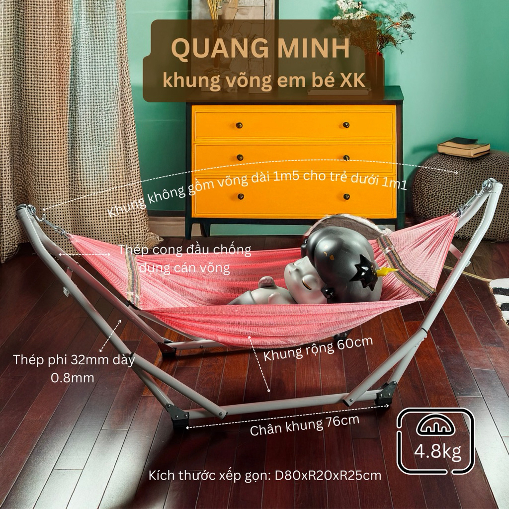 Khung võng em bé xuất khẩu tải trọng 200kg - Khung uốn cong 2 đầu chống mắc cán võng