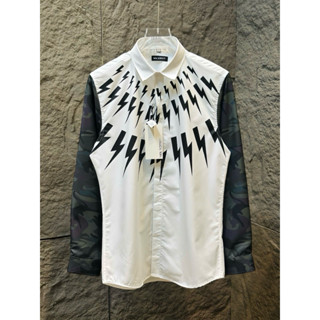  Áo sơ mi trắng nam dài tay PB lụa nến in dải tia sét ngực phối tay loang rằn ri cao cấp boy phố 