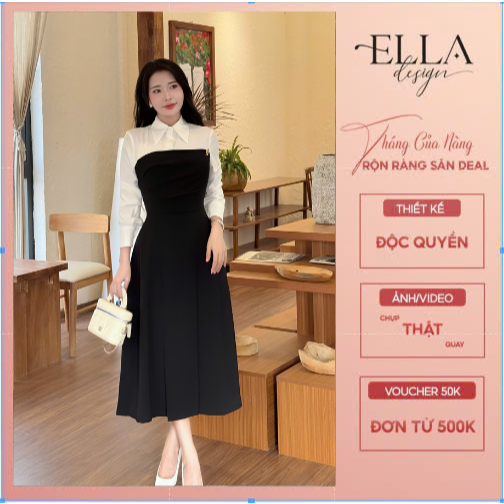 Váy Đầm Thiết Kế Ella Desgin dành cho nữ kiểu dáng midi dài tay phối cổ trắng phù hợp mặc đi làm,đi 
