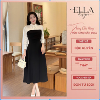  Váy Đầm Thiết Kế Ella Desgin dành cho nữ kiểu dáng midi dài tay phối cổ trắng phù hợp mặc đi làm,đi chơi,có bigsie B31 