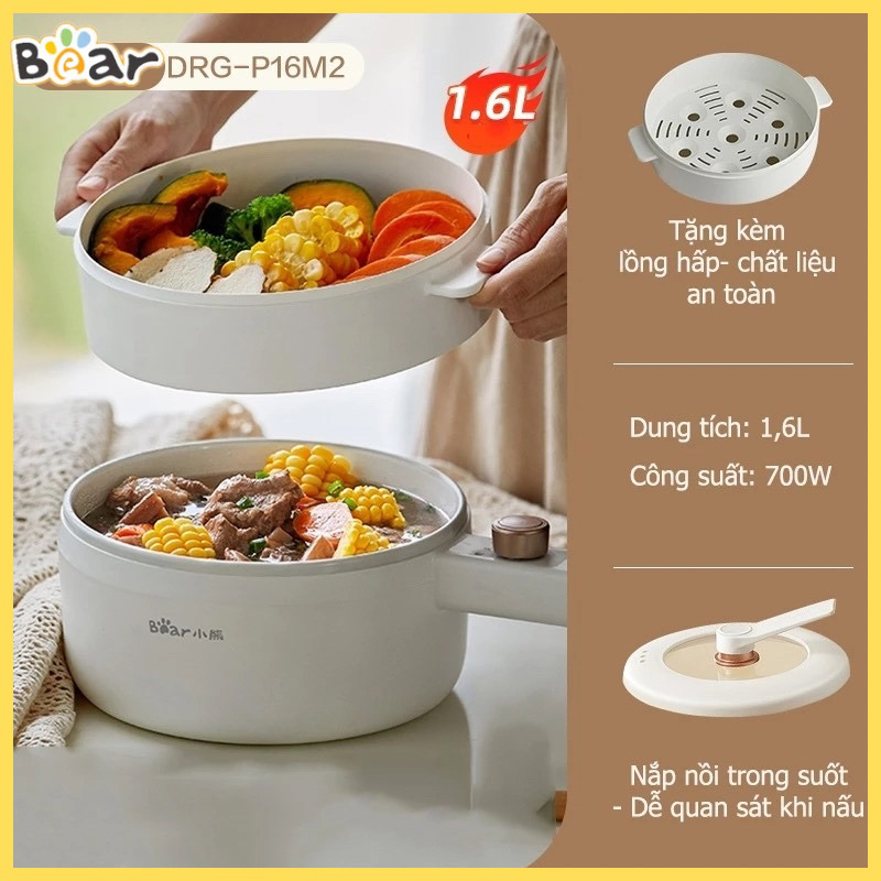 Nồi điện mini đa năng Bear DRG-P16M2/E15P6 dung tích 1,6L kèm xửng hấp mẫu mới nhất bảo hành 12 thán
