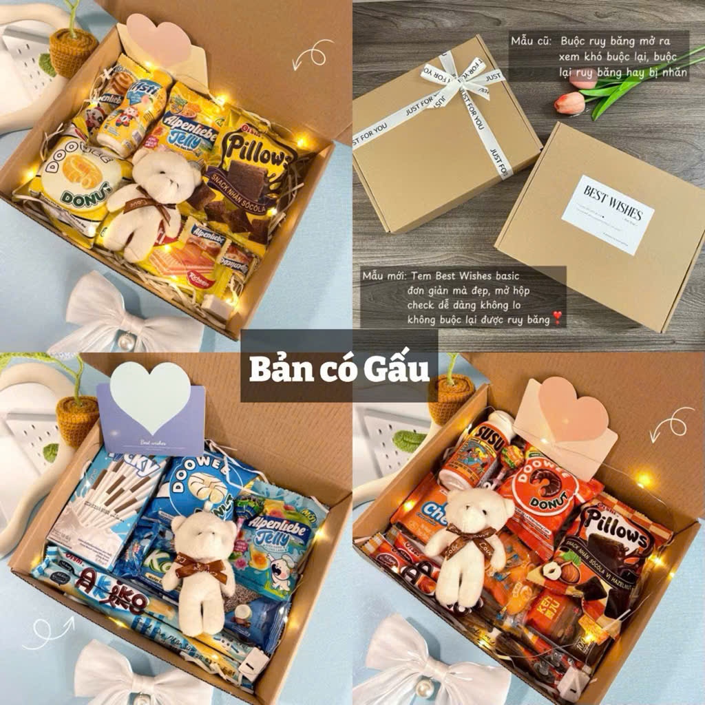 Set Hộp Quà Giấy Nắp Gài Gấu Nhỏ & Bánh Kẹo - Box Quà Tặng Sinh Nhật , Bạn Bè , Người Yêu , 8/3 Có Đèn (Tặng Kèm Thiệp)