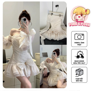  ĐẦM TƠ LỆCH VAI TIỂU THƯ BUỘC NƠ THIẾT KẾ CHIẾT EO ĐÍNH NƠ SANG TRỌNG by PINKS.tore 