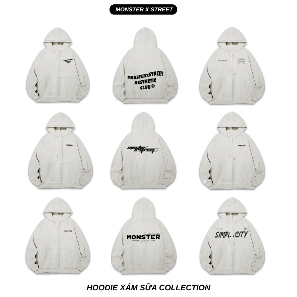 Áo Hoodie Zip "Xám Sữa Collection" Khoác Nỉ Mũ Kéo Khóa MONSTER X STREET Basic Nỉ Bông Cotton nam nữ