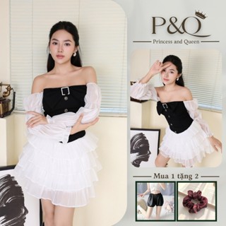 Đầm váy xòe chân váy mini trễ vai tay dài hai lớp có bigsize | P&Q vd4