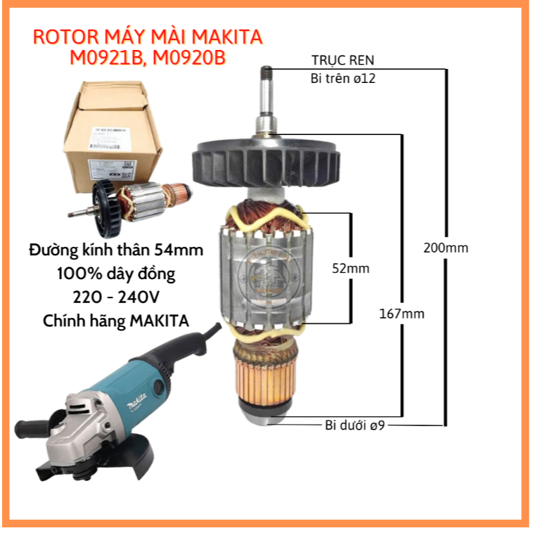 Rotor máy mài Makita M0921B, M0920B (517893-3) 220V - Tặng chổi than