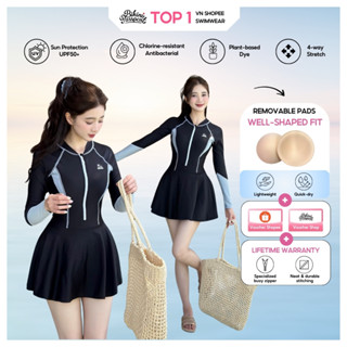  Đồ bơi swimsuit nữ một mảnh tay dài kín đáo chống nắng che bụng và có bigsize đến 75kg - Đen Xám - BS1017_BL 