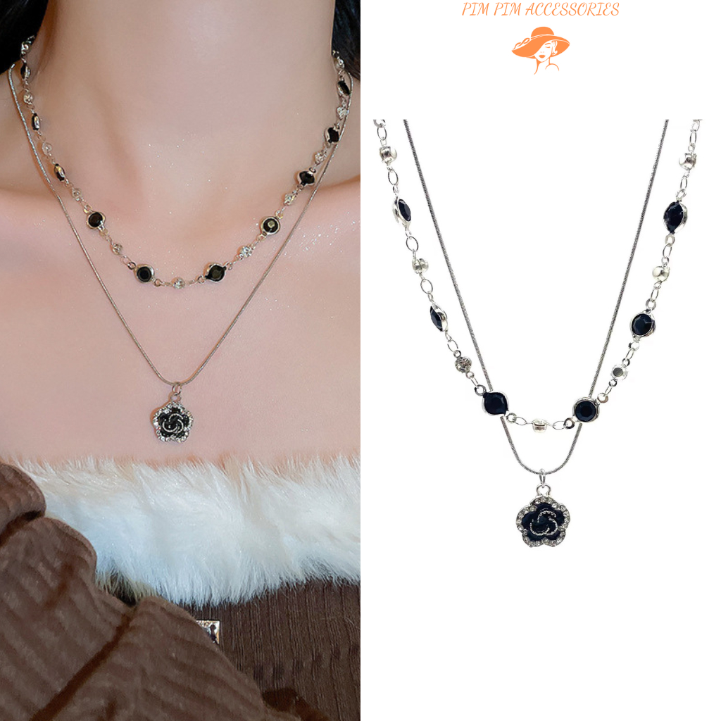 Dây Chuyền Nữ Kiểu Dáng Layer 2 Tầng Bạc – Charm Hoa Đính Đá Đen Sang Trọng, Cá Tính