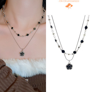 Dây Chuyền Nữ Kiểu Dáng Layer 2 Tầng Bạc – Charm Hoa Đính Đá Đen Sang Trọng, Cá Tính