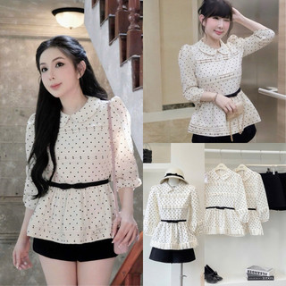  Set Bộ 2 Món Áo Sơ Mi Cổ Sen Chấm Bi Tay Dài Dáng Babydoll Xếp Ly Mix Quần Đen Ngắn Tiểu Thư 