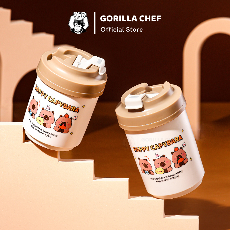 Cốc cà phê có nắp inox 304 Gorilla Chef dung tích 480ml hình Lucky Capybara