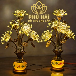  Đôi Đèn Thờ Pha Lê 5 Bông Thủy Tinh Bầu Sen Lưu Ly Cao Cấp - Cao 48 Cm - HCM Tặng LeD cắm điện 