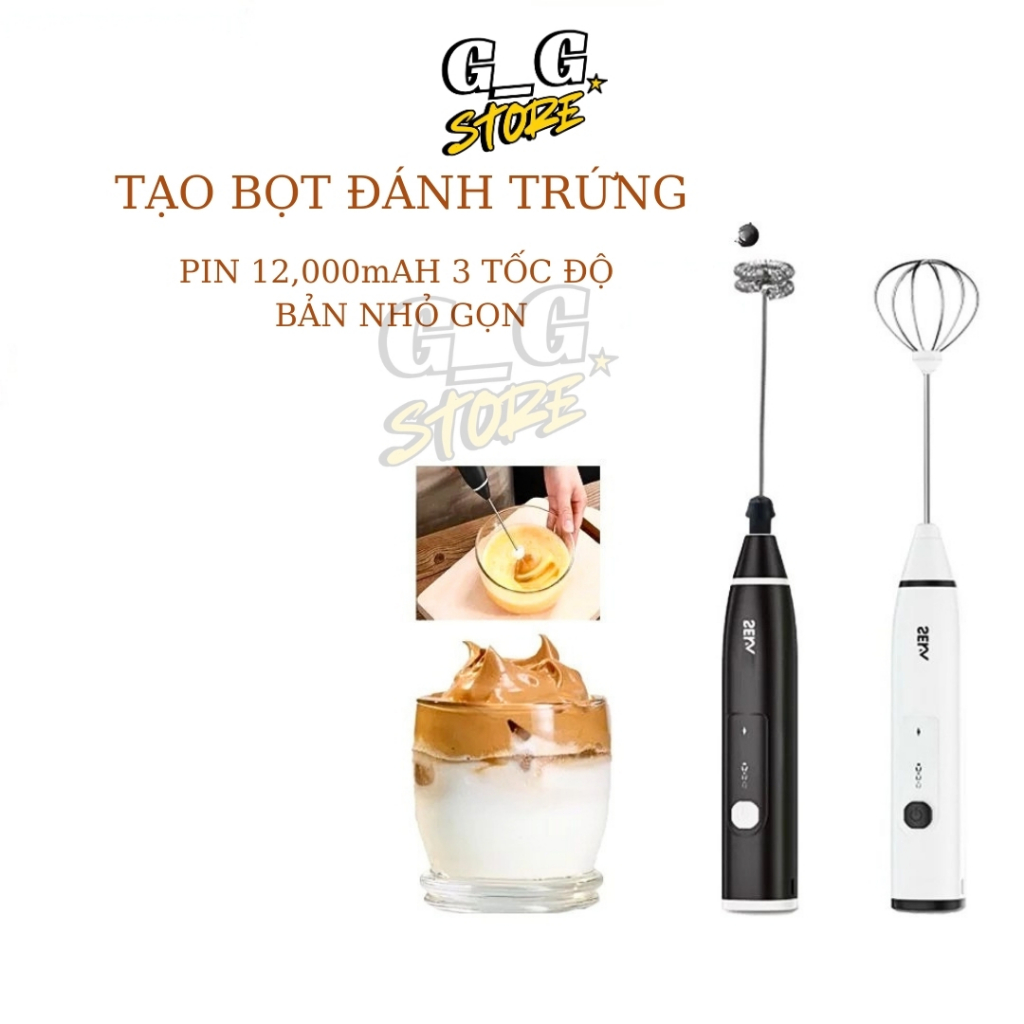 Máy Tạo Bọt Đánh Trứng Cầm Tay Pin 12000mAh, 3 Tốc Độ, Máy Đánh Sữa Mini Pha Cà Phê - GGStore