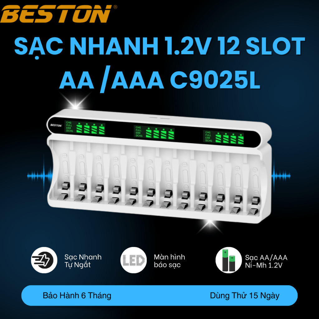 Sạc Beston 12 slot Pin AA & AAA C9025L - C2025 Ni-Mh 1.2V 12 Slot Smart LCD, pin karaoke,pin đồ chơi
