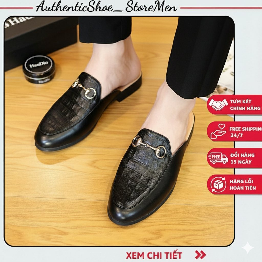 Giày sục nam da đen mờ dập vân cá sấu lót vàng kèm xích vàng đẹp, Giày Lười Nam Hở Gót Rẻ Thanh Lịch